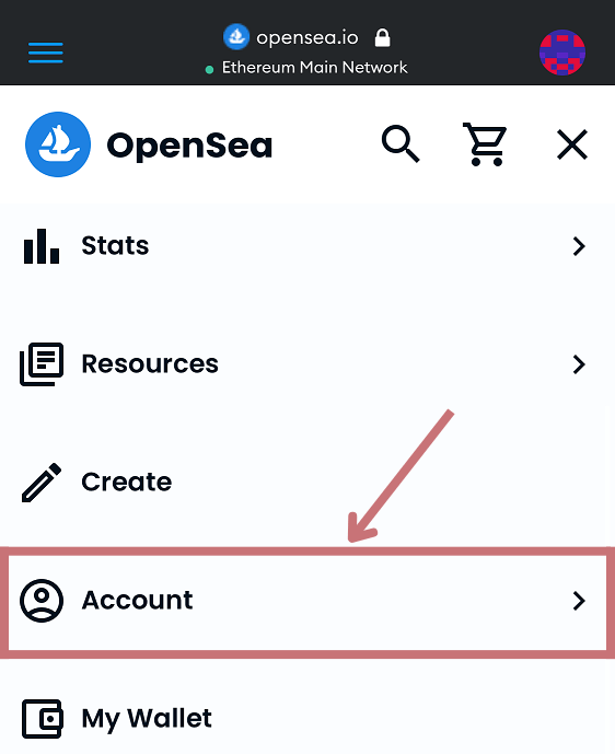 OpenSeaを開いて ≡ をタップし Account ＞ Profile  の順に進みます